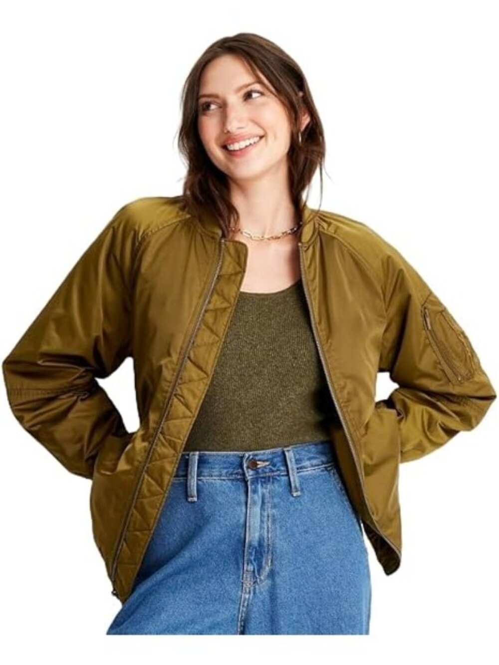 A New Day Womens Olive Green Water Resistant Bomber Jacket Size S